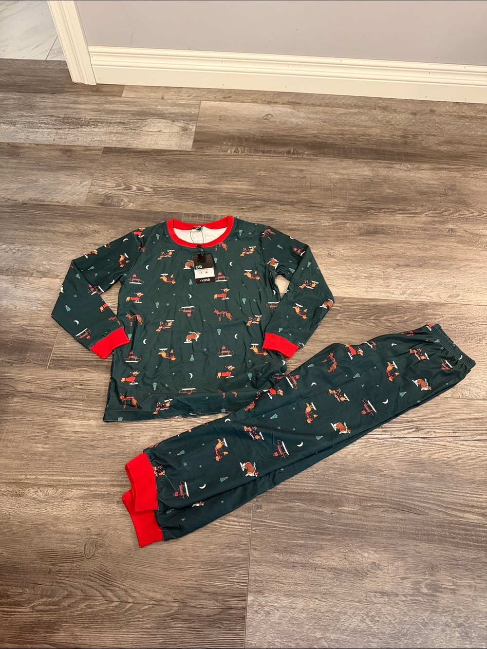 Nano Kids Holiday Forest Green Pajama Set with Red Trim